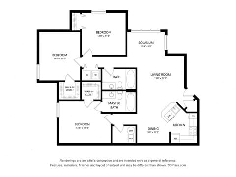 Floor plan for 3 beds, 2 baths, 1232 sqft